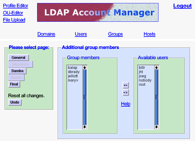 The LDAP Account Manager Group Membership Edit Screen